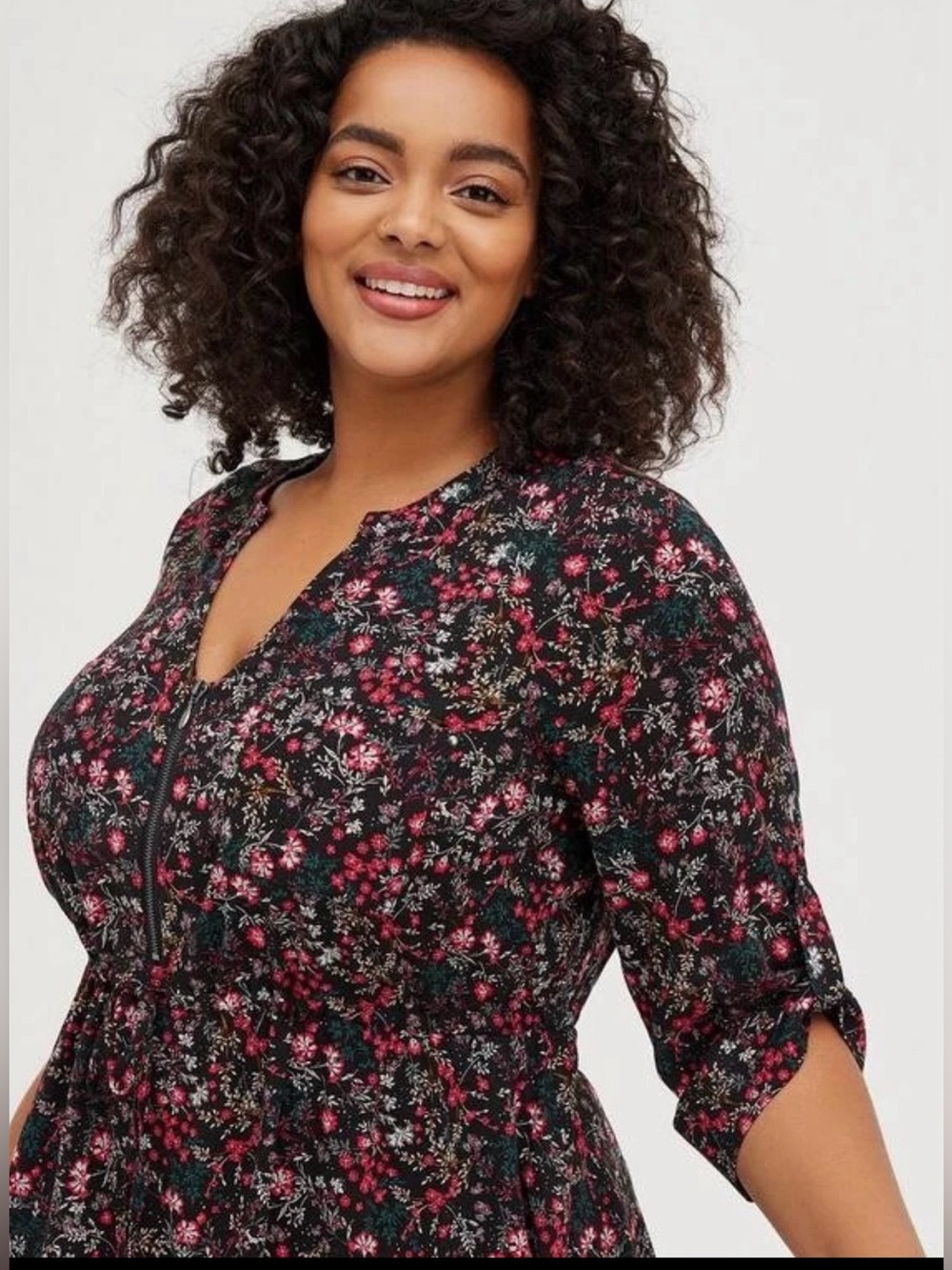 Torrid Floral Zip-Front Top in Black with Pink Flowers Size 1 (14/16)